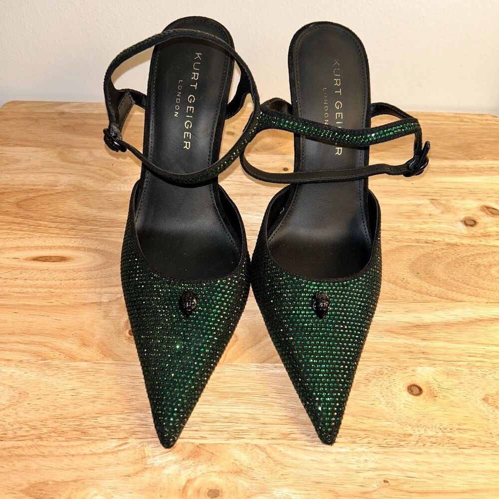 Kurt Geiger London Green Crystal Heels Pointed Toe Sz 9.5 EU 41